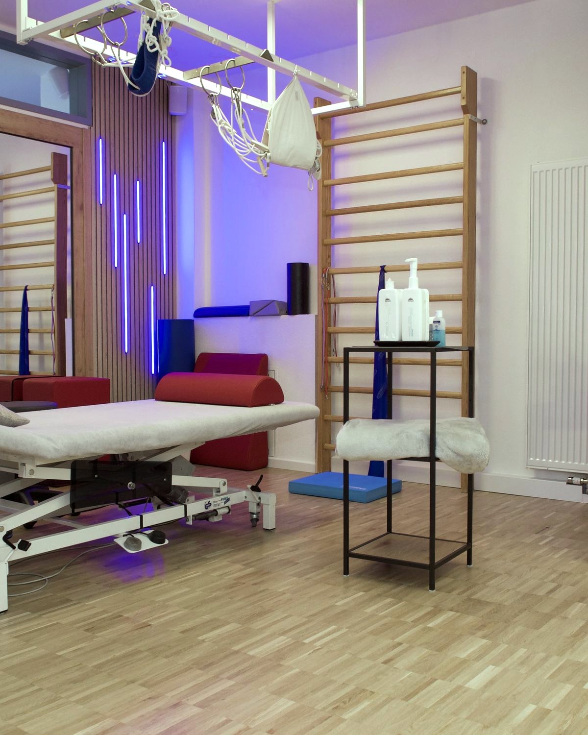 Moderner Therapieraum mit Trainingsfläche und Sprossenwand